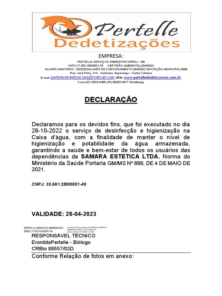Declaração de Dedetização e Higienização | PDF