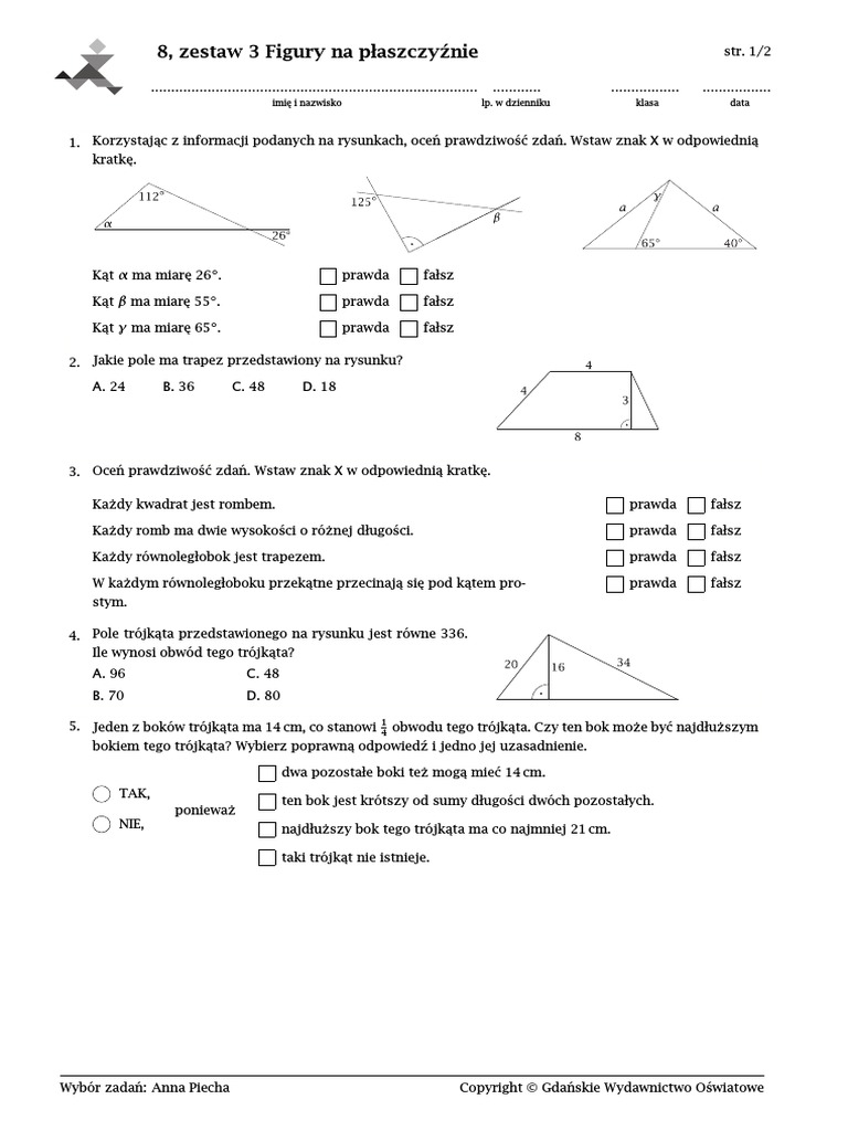 Matematyka Z Plusem Klasa 8 Sprawdzian Figury Na Płaszczyźnie Sprawdzian kl.8 Figury Geometryczne Na Płaszczyźnie | PDF