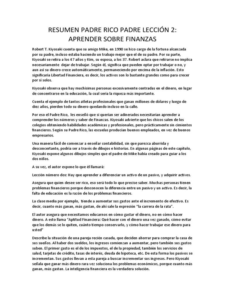 Resumen Padre Rico Padre Lección 2 | PDF