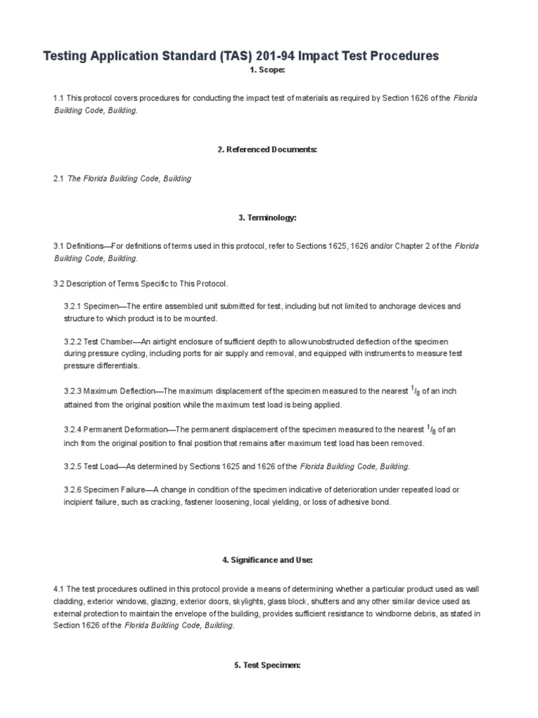 TAS 201-94 Impact Test Procedures | PDF | Calibration | Door