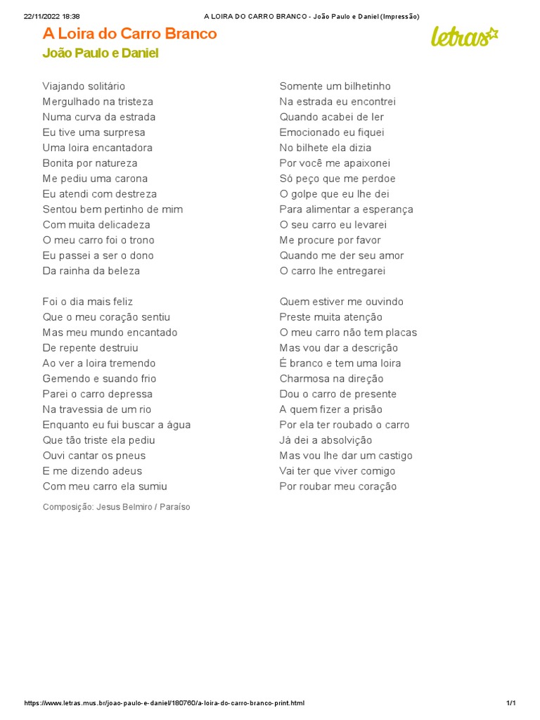 A Loira do Carro Branco: Letra e Significado | PDF