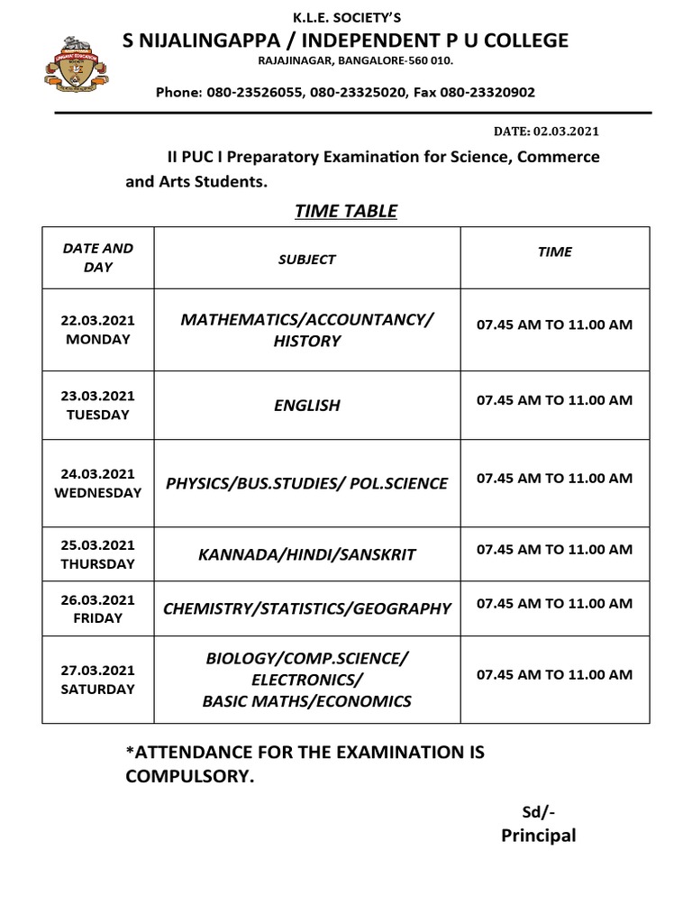 S nijalingappa independent p u college time table pdf