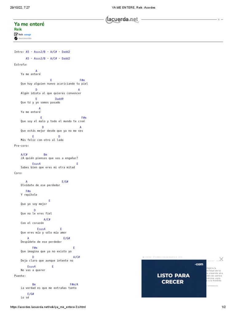 YA ME ENTERE, Reik - Acordes | PDF