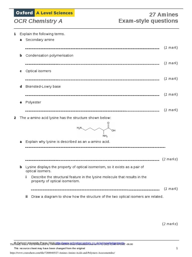 27 Amines Amino Acids and Polymers Assessment | PDF
