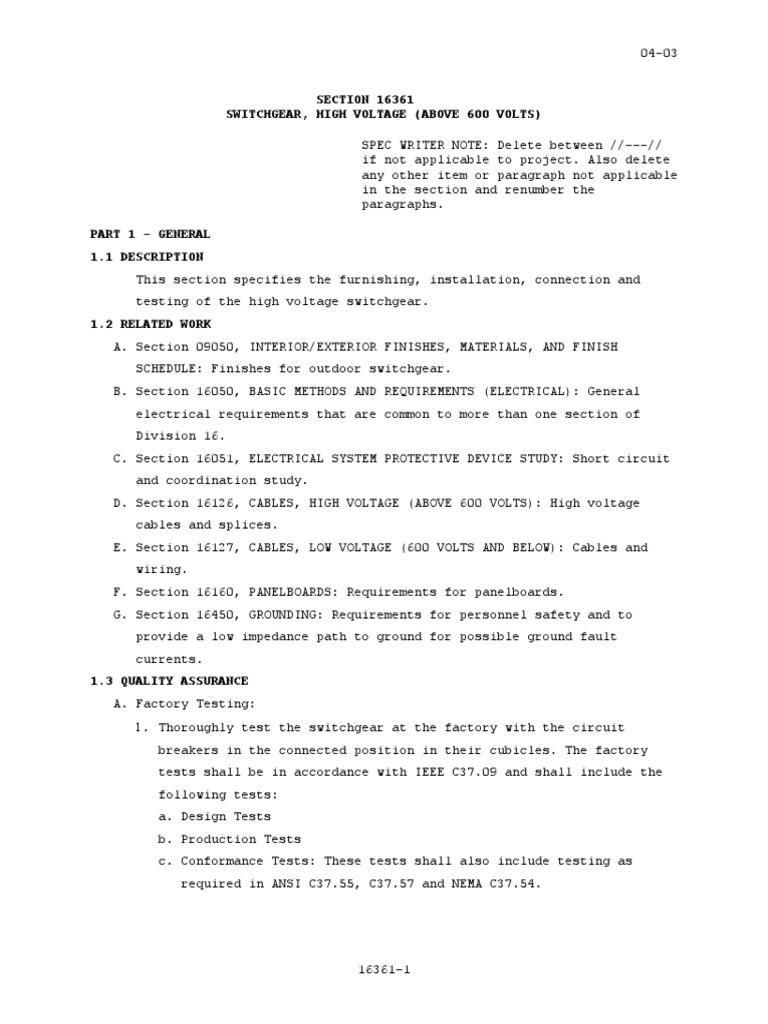 SECTION 16361 Switchgear, High Voltage (Above 600 Volts) | PDF