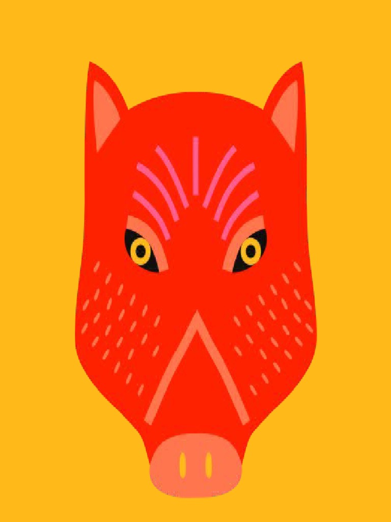 Yellow Red Mustard Black Animal Boar Pig Simplified Illustration Circle ...