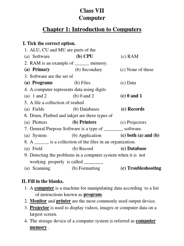 Class vii computer chapter 1 introduction to computers i tick the