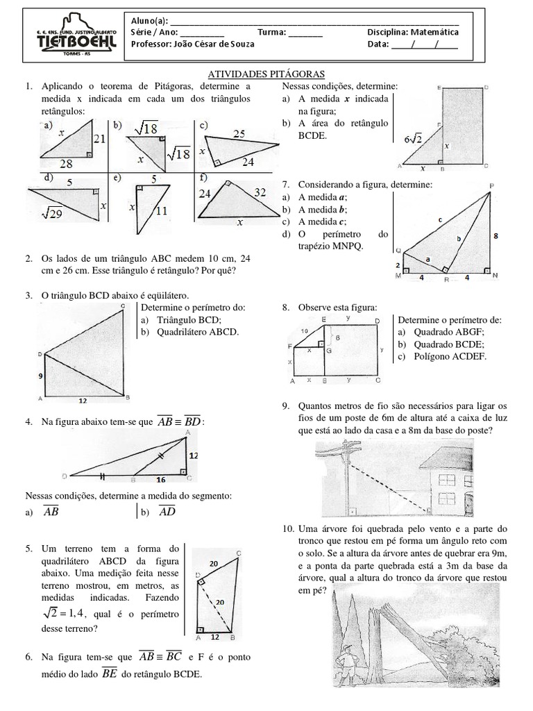 Matemática 9º Ano - Exercicios PITAGORAS 4º Bi 2022 | PDF | Triângulo ...
