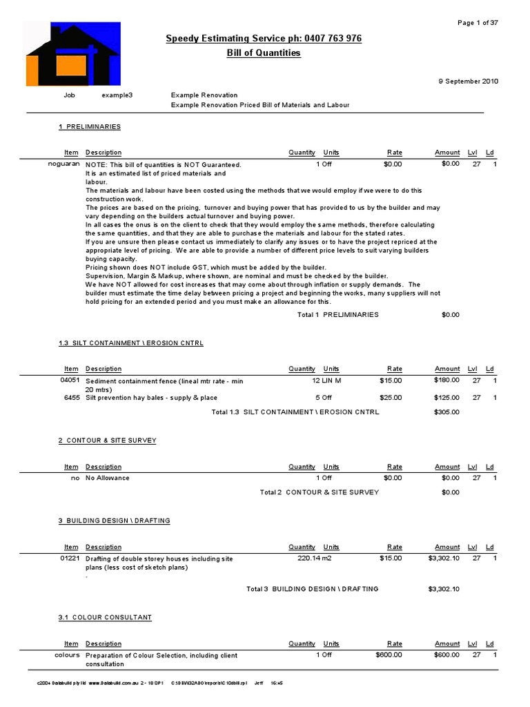 Example Bill of Quantities for Renovation | PDF | Pricing | Concrete