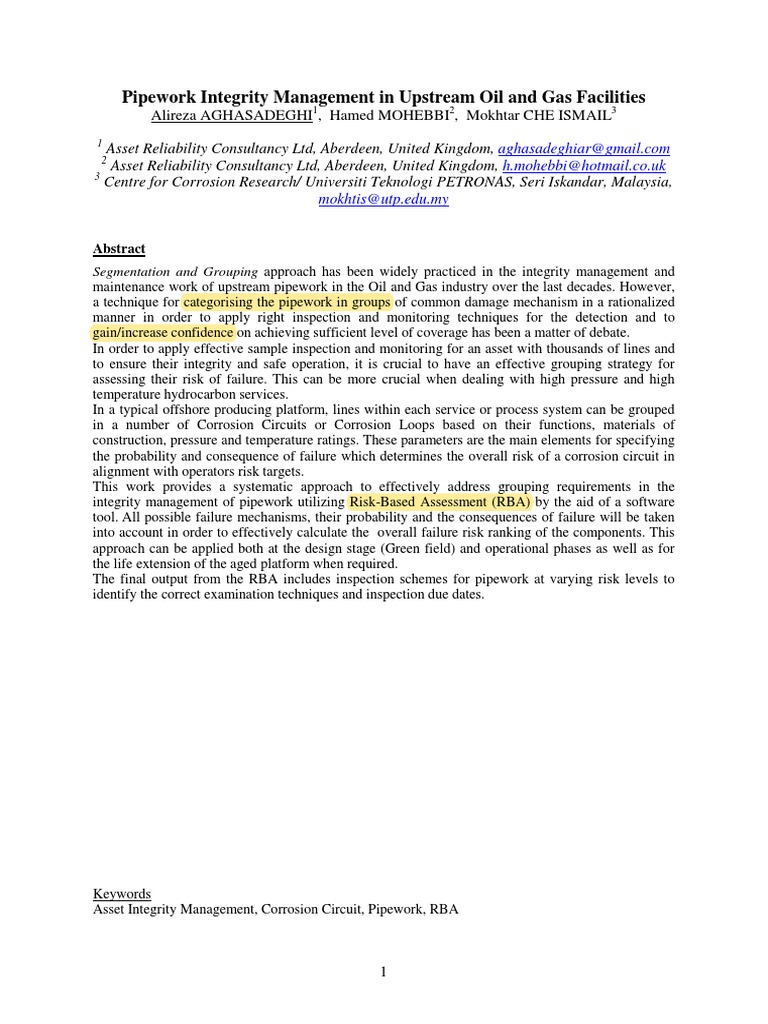 Pipework Integrity Management in Upstream Oil and Gas Facilities | PDF