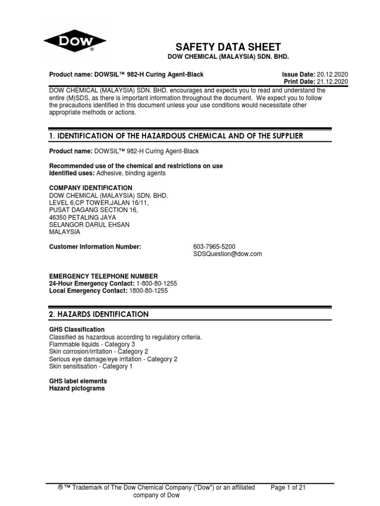 DOWSIL™ 982H Curing Agent Black SDS PDF Chemistry Occupational