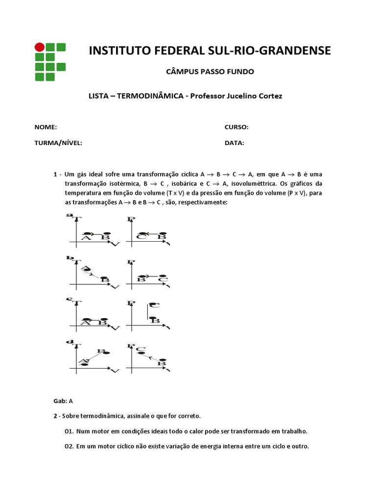 Lista de Termodinâmica | PDF | Termodinâmica | Temperatura