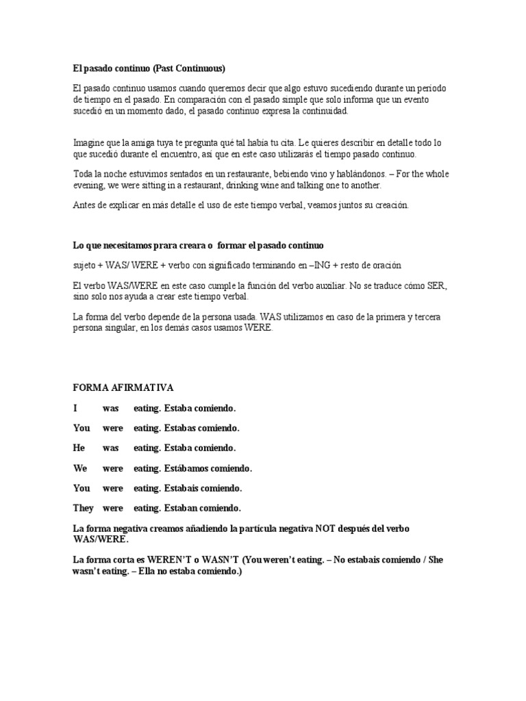 Estructura y ejemplos del pasado continuo | PDF | Verbo | Conjugación ...