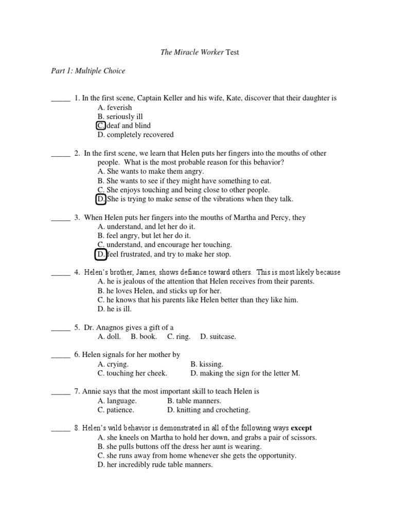 Miracle Worker Test Questions | PDF | Helen Keller