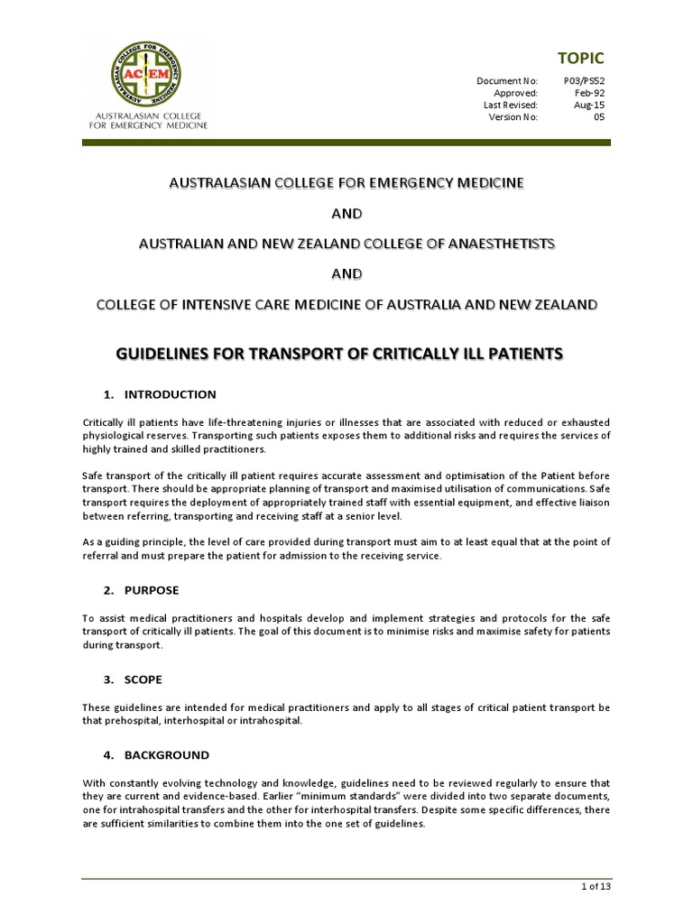 Guidelines For The Transport of Critically Ill Patients | PDF ...