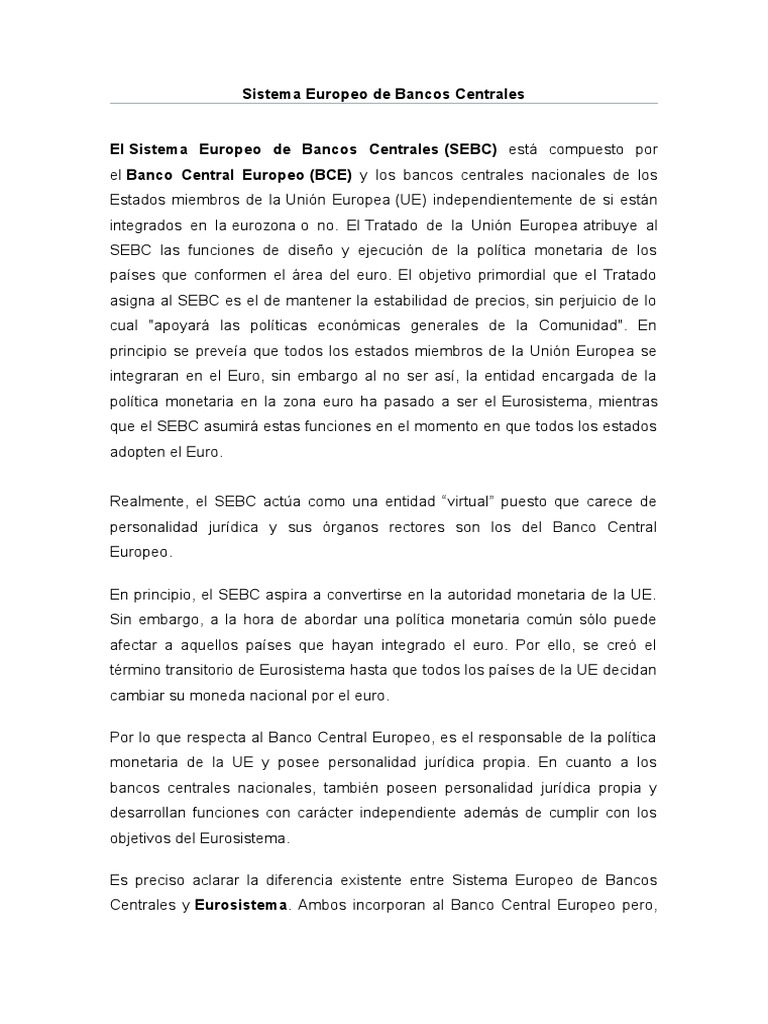 Sistema Europeo de Bancos Centrales Exposicion PDF Zona euro Euro