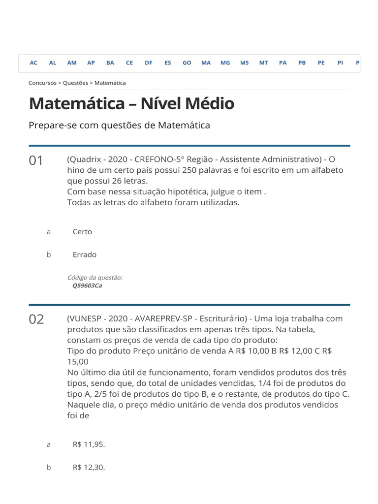 Simulados Matemática Concursos Públicos - Nível Médio - Concursos No ...