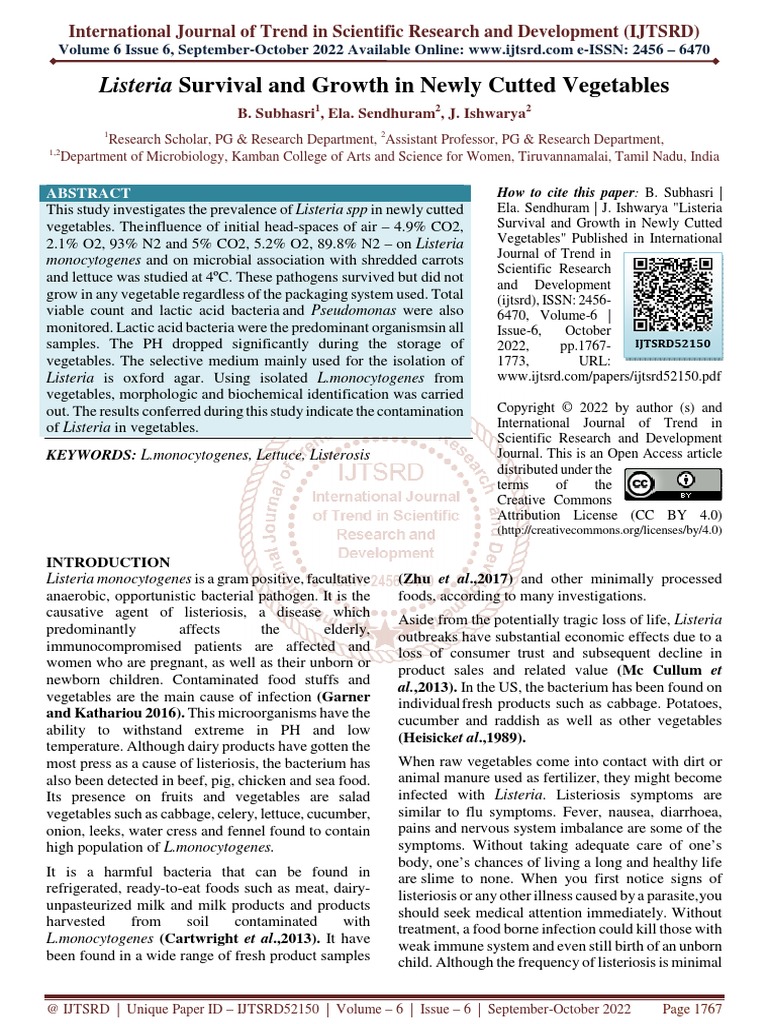 Listeria Survival and Growth in Newly Cutted Vegetables PDF