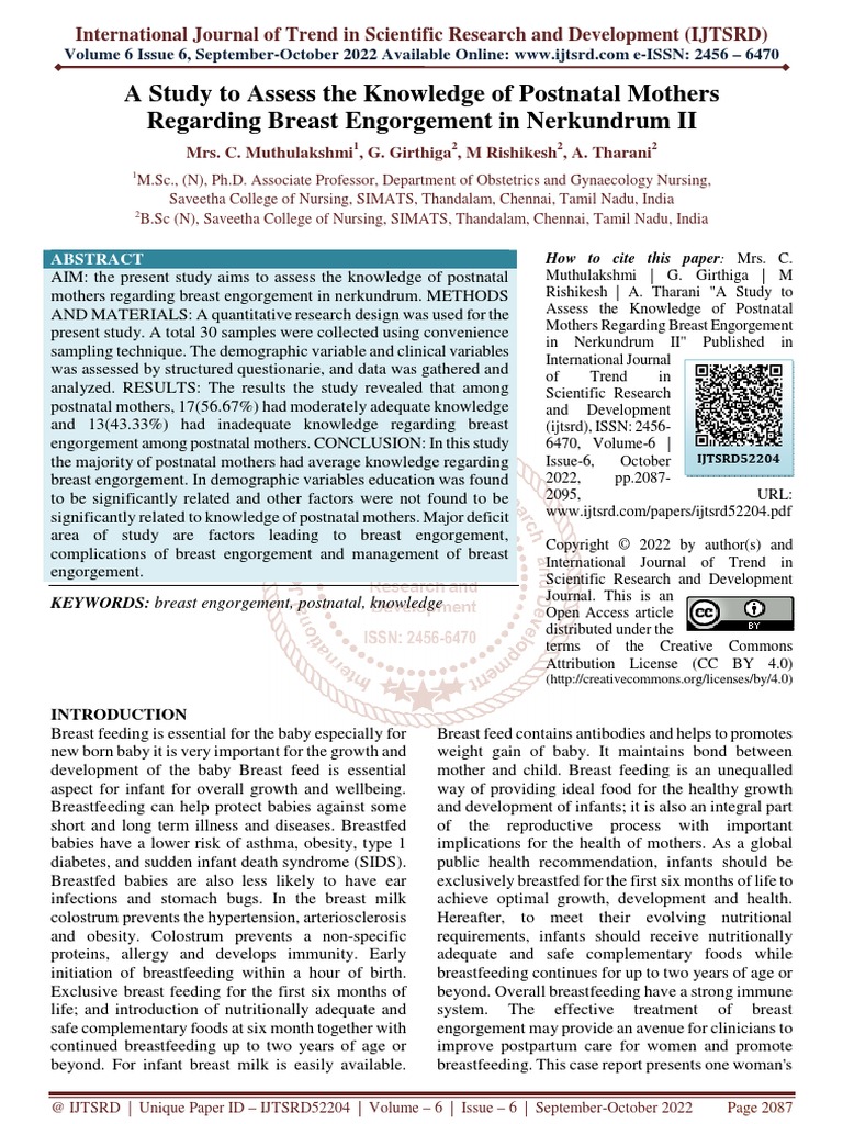 A Study To Assess The Knowledge of Postnatal Mothers Regarding Breast ...
