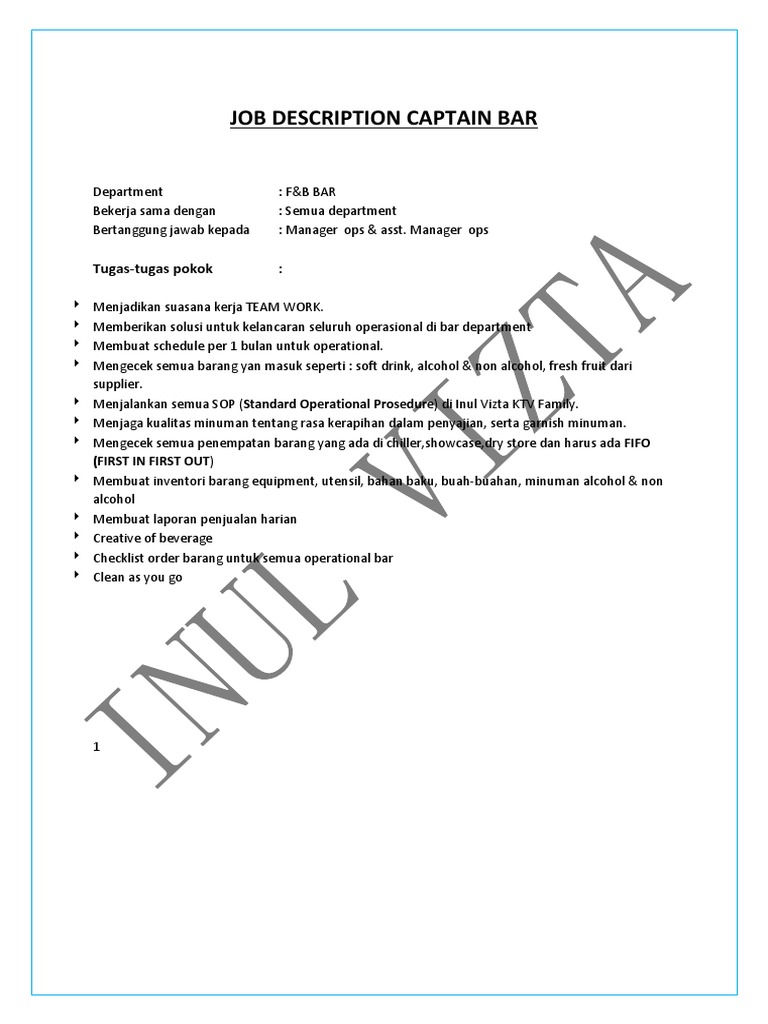 Job Description Captain Bar TugasTugas Pokok PDF