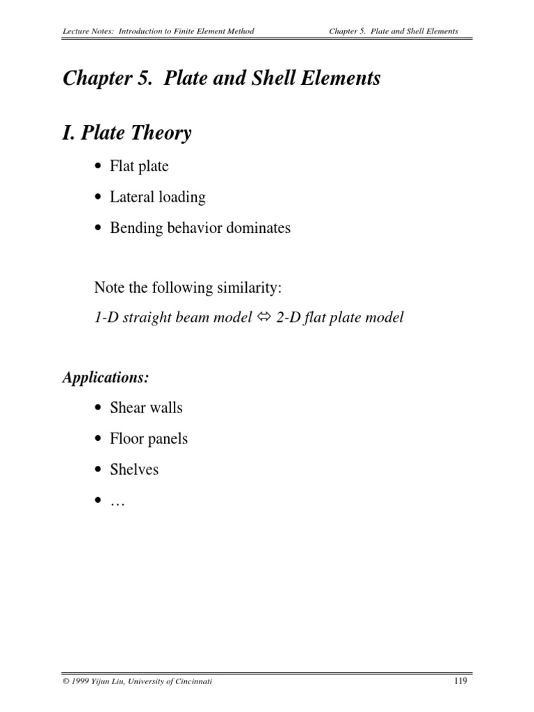 Chapter 5. Plate and Shell Elements I. Plate Theory: Flat Plate Lateral ...