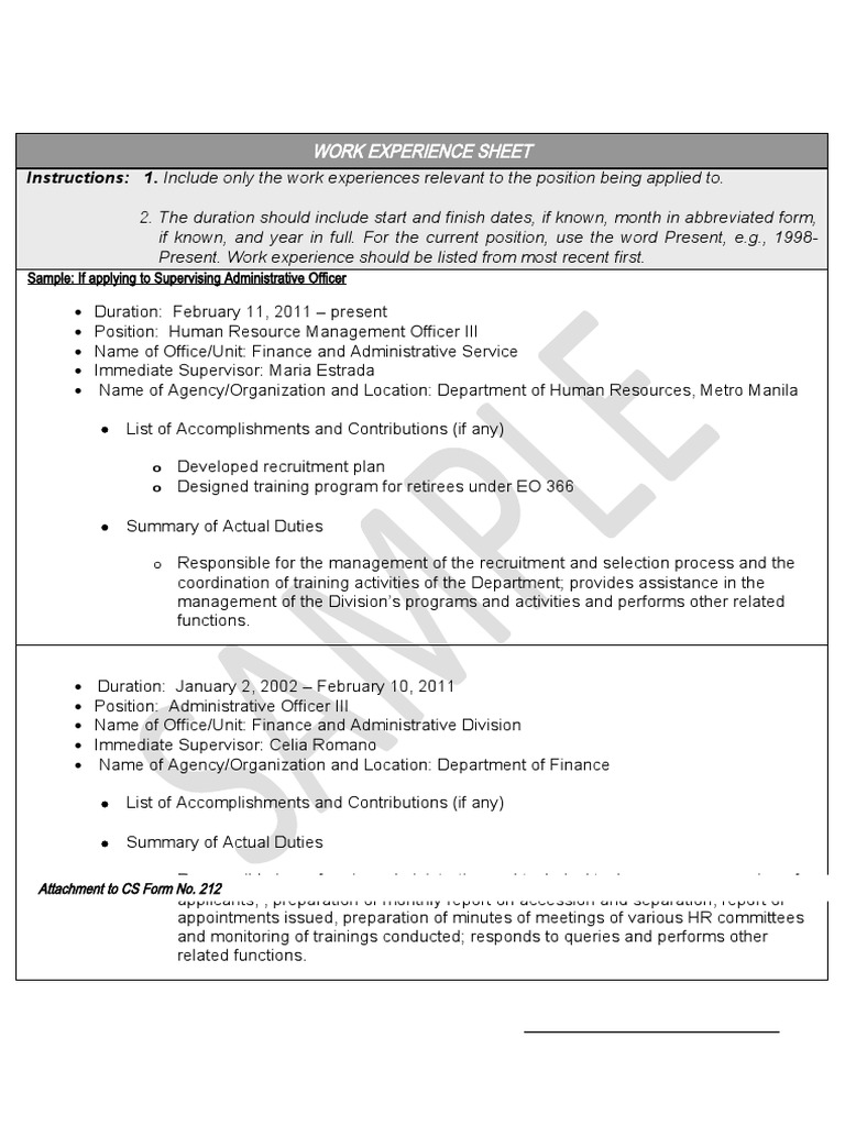 Work Experience Sheet Sample (Cs Form No. 212 Attachment) | PDF