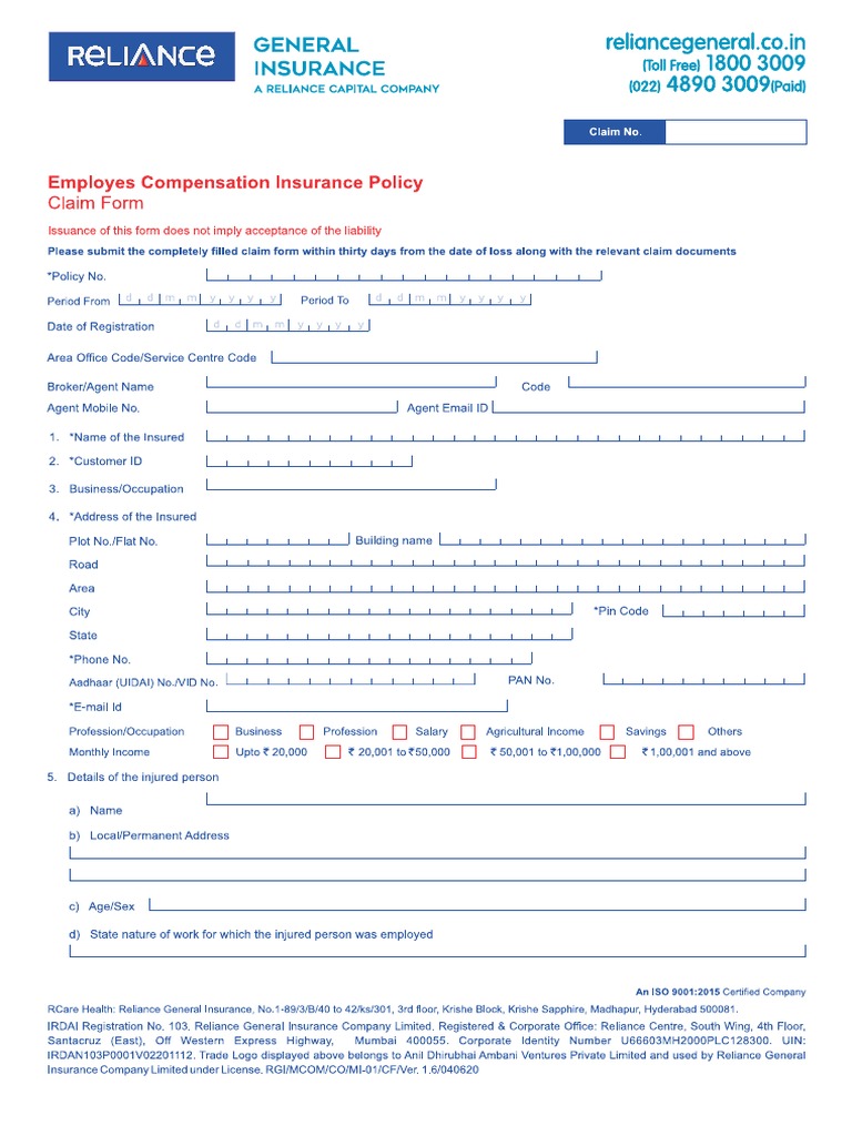 Employee Compensation Insurance Policy Claim Form | PDF