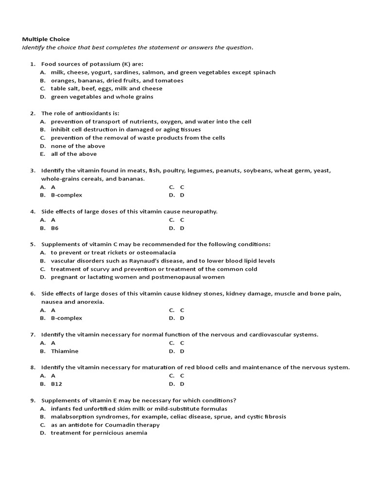 Exercises No. 6 Vitamins and MInerals PDF Vitamin Anemia