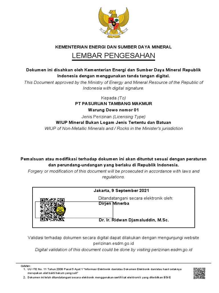 Persetujuan WIUP PT Pasuruan Tambang | PDF