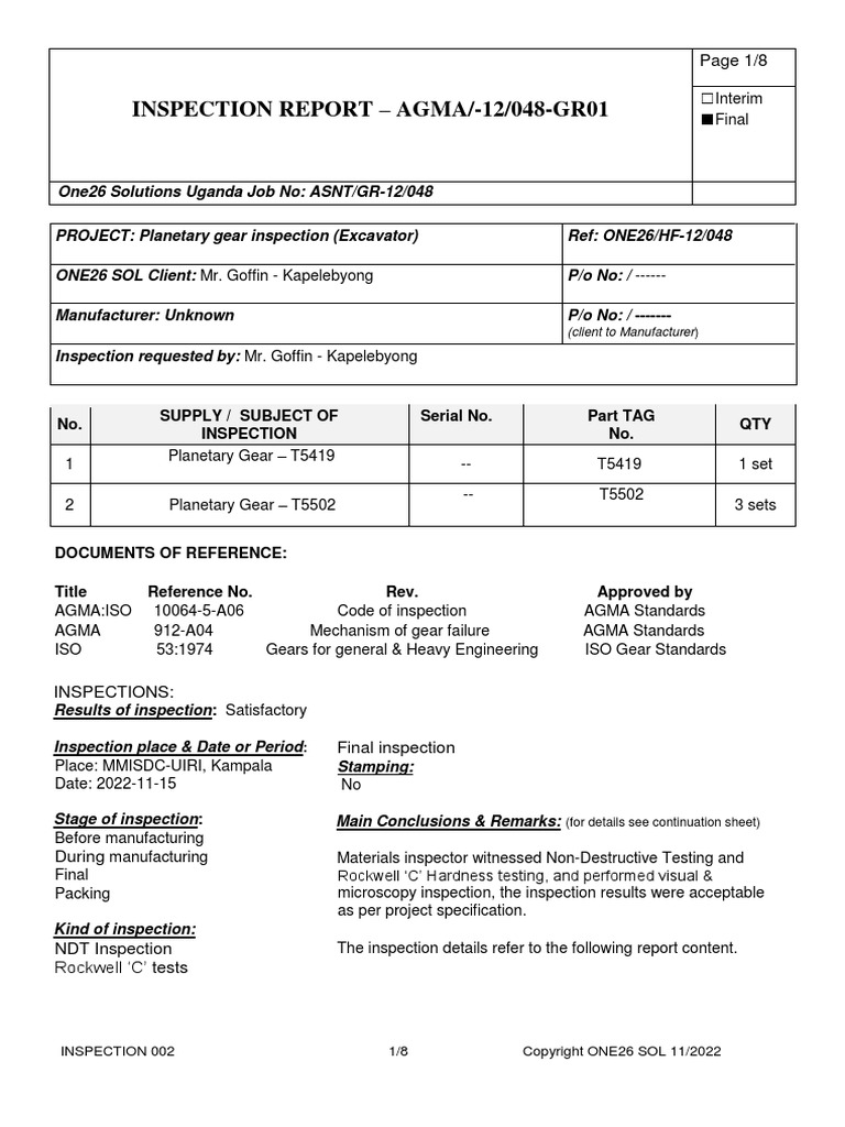 INSPECTION REPORT No UIRI GR 12 048 | PDF