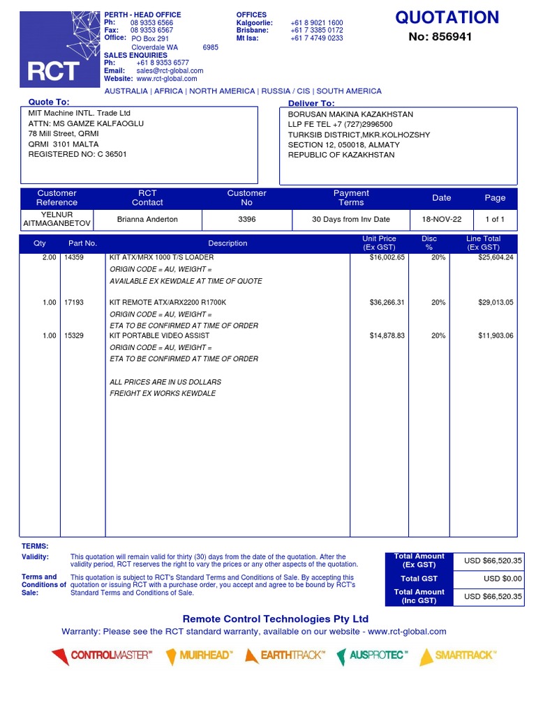 Quotation for Remote Control Technologies | PDF