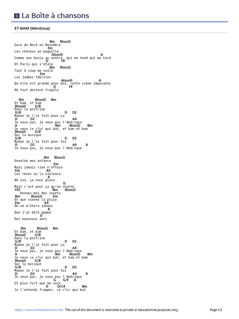 Et Bam Mentissa La BoÃ®te Ã Chansons PDF