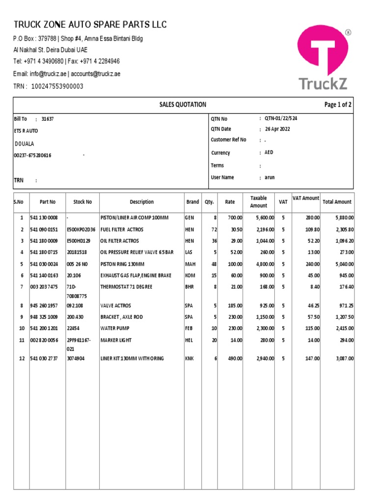 Truck Parts Sales Quotation | PDF | Engine Technology | Propulsion