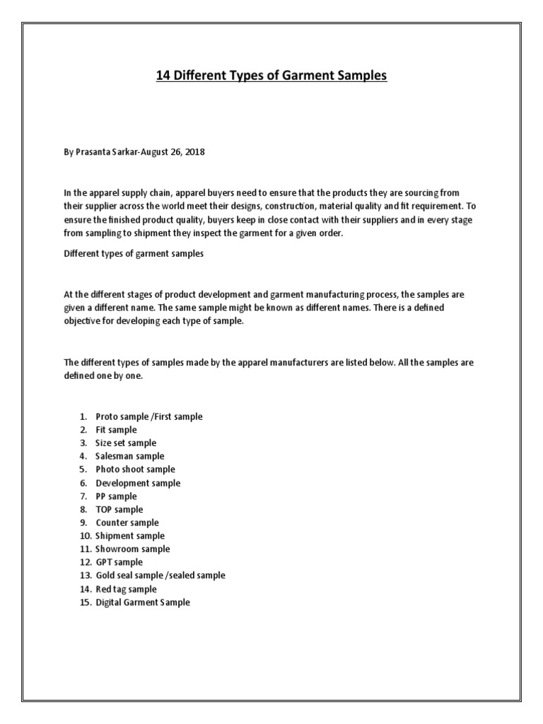 14 Different Types of Garment Samples PDF Procurement Business