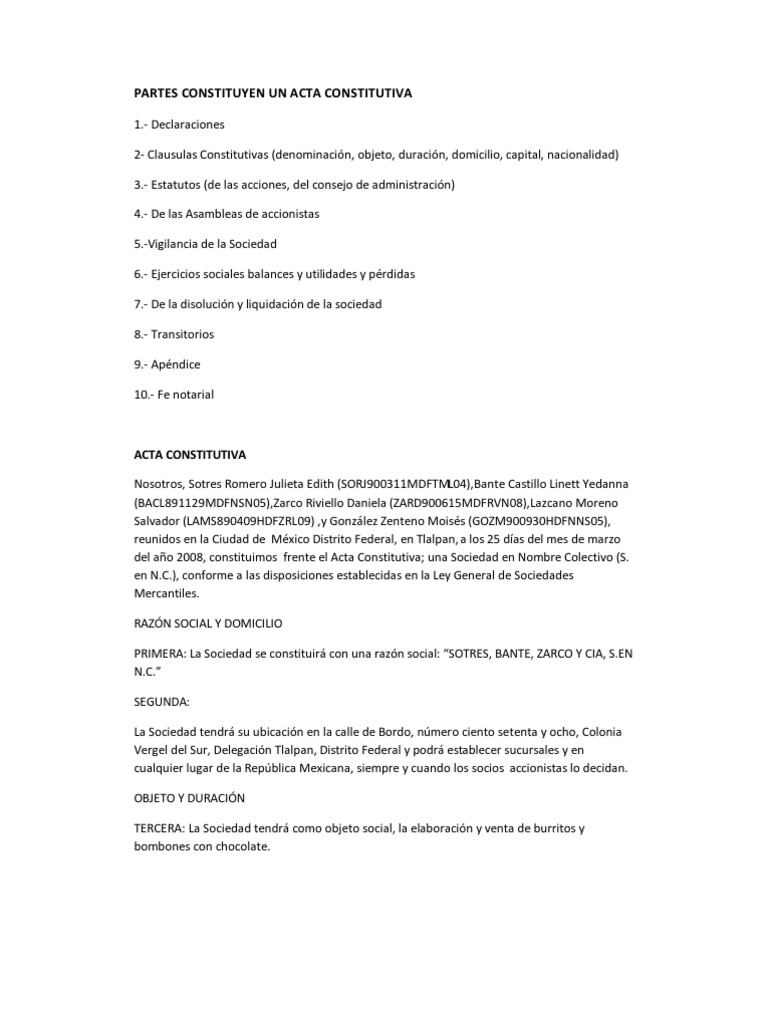 Partes Constituyen Un Acta Constitutiva