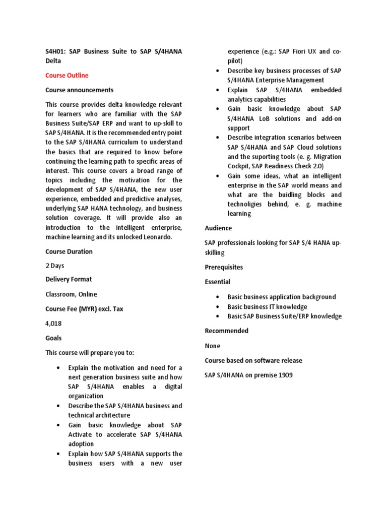 S4h01 sap business suite to sap s4hana delta 0 pdf learning