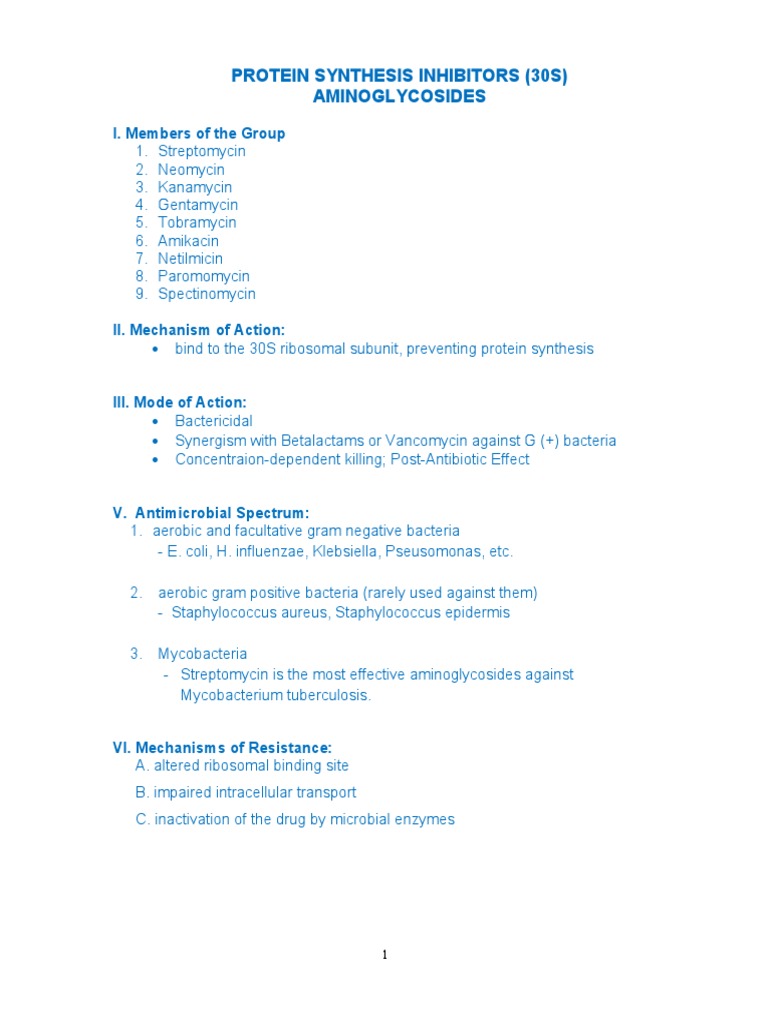 HANDOUT For PROTEIN SYNTHESIS INHIBITORS (30S) PDF Antibiotics
