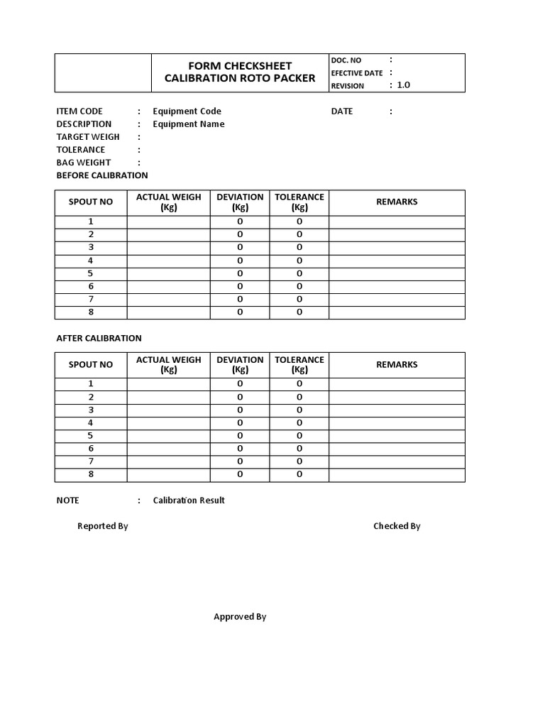 Calibration Checksheet Form PDF