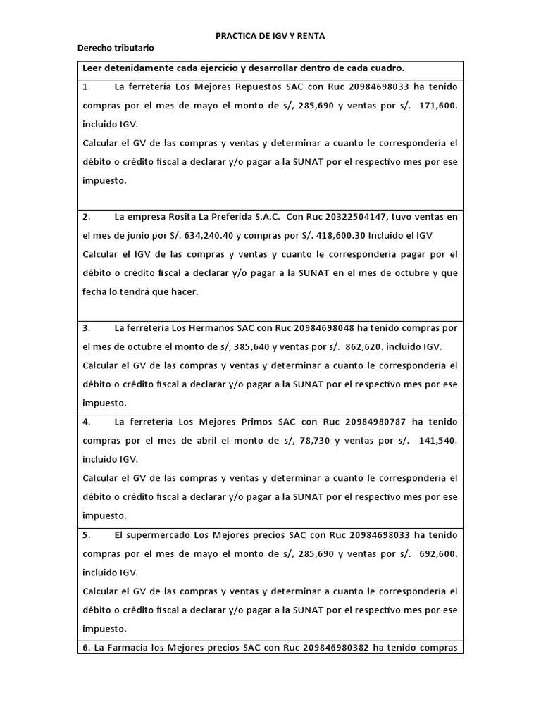 Ejercicios de IGV y Renta 2025 | PDF | Impuestos | Impuesto sobre la renta