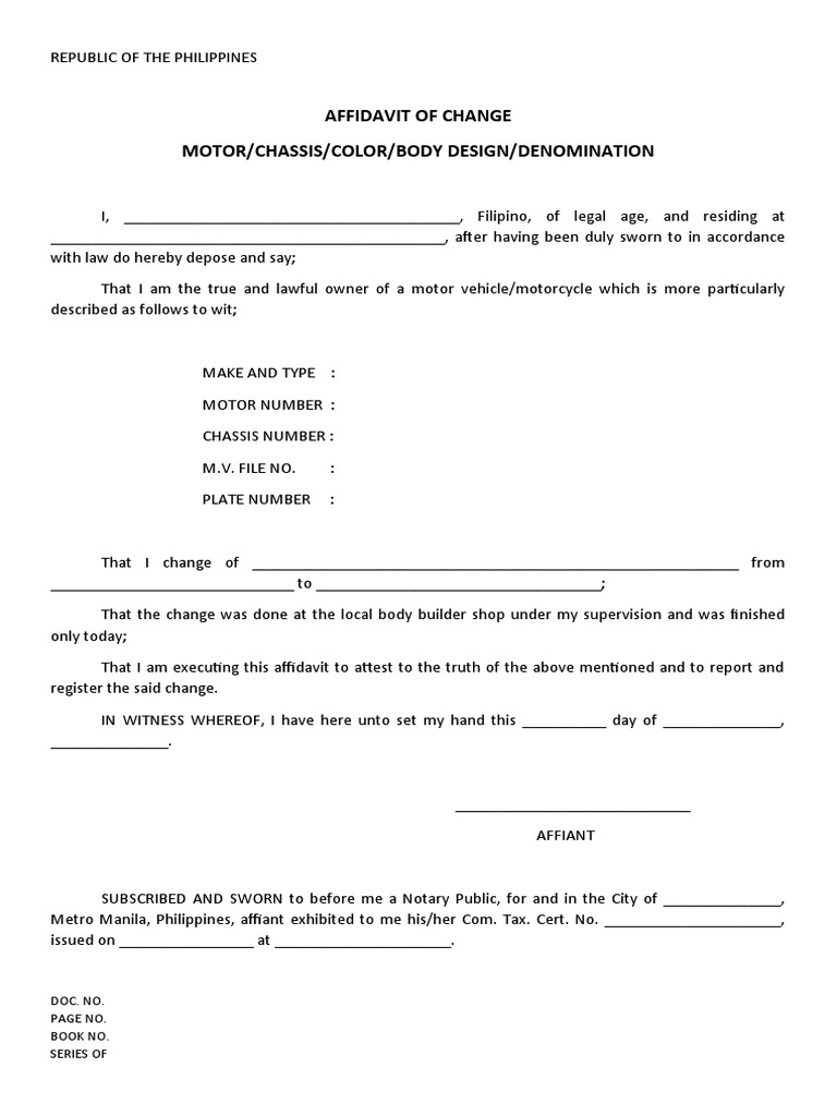 Affidavit of Motor Vehicle Change | PDF