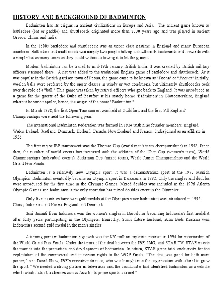 History and background of badminton pdf