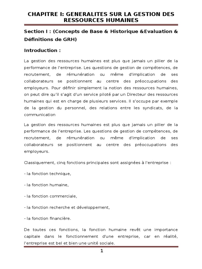 Généralités sur la GRH et ses théories | PDF | Gestion des ressources ...