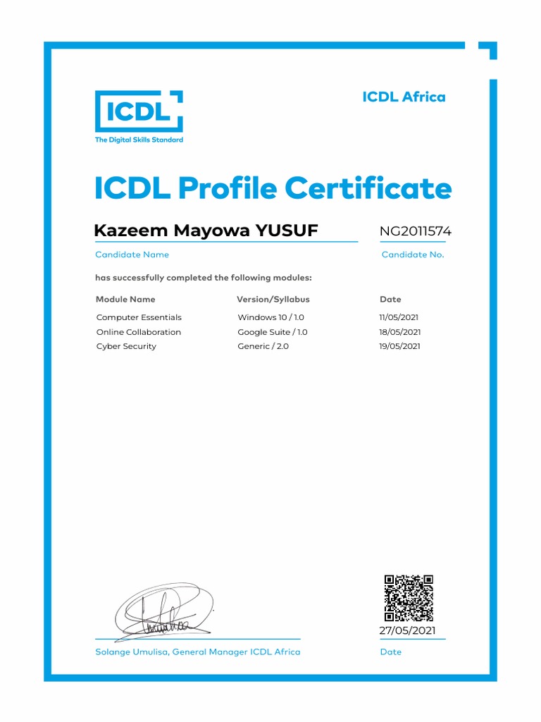 ICDL Profile Certificate PDF ICDL Profile Certificate PDF