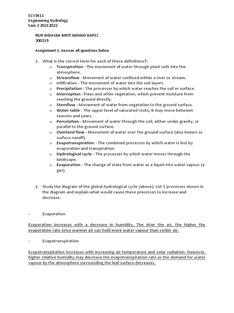 DAYAH - Assignment 1 Water Cycle | PDF | Evapotranspiration | Water Cycle