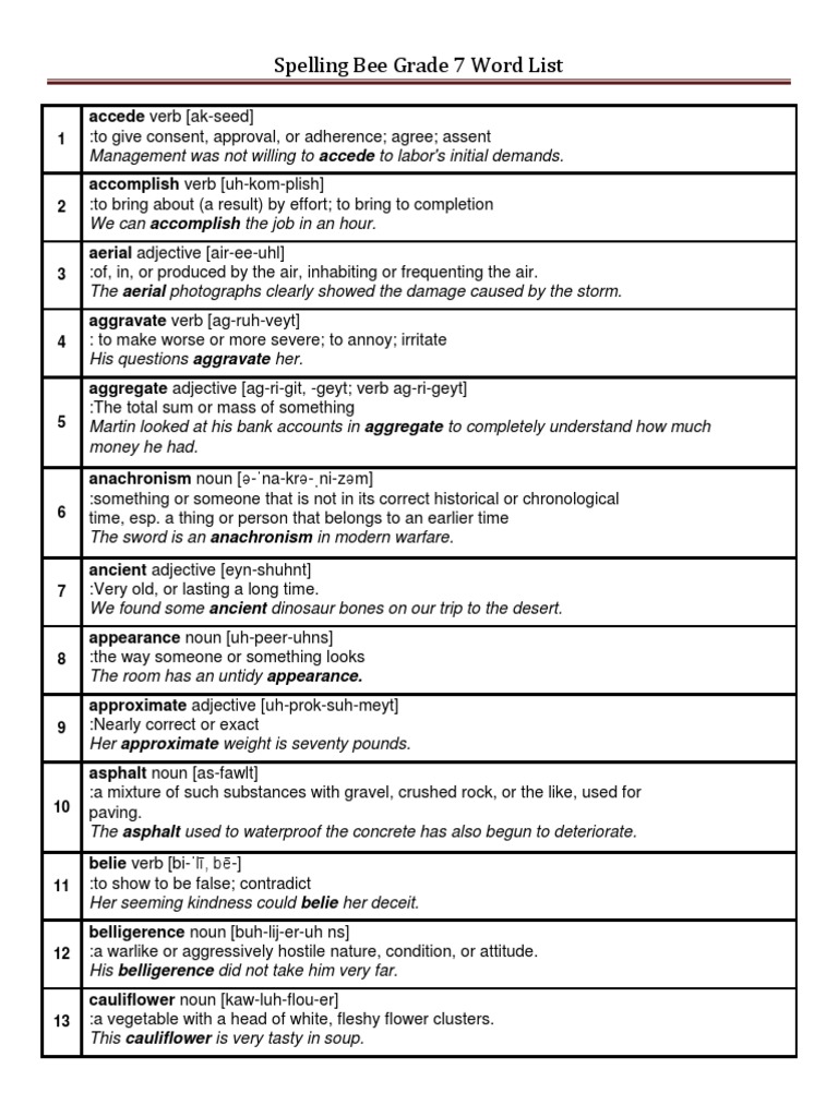 Grade 7 Spelling Bee Word List | PDF | Adjective | Incandescent Light Bulb