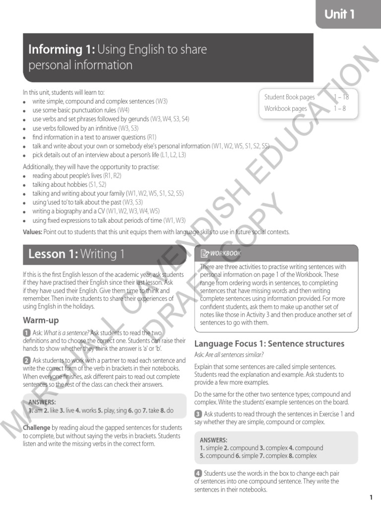 MCE IGCSE ESL Teacher's Guide Unit 1 Sample PDF Question Sentence