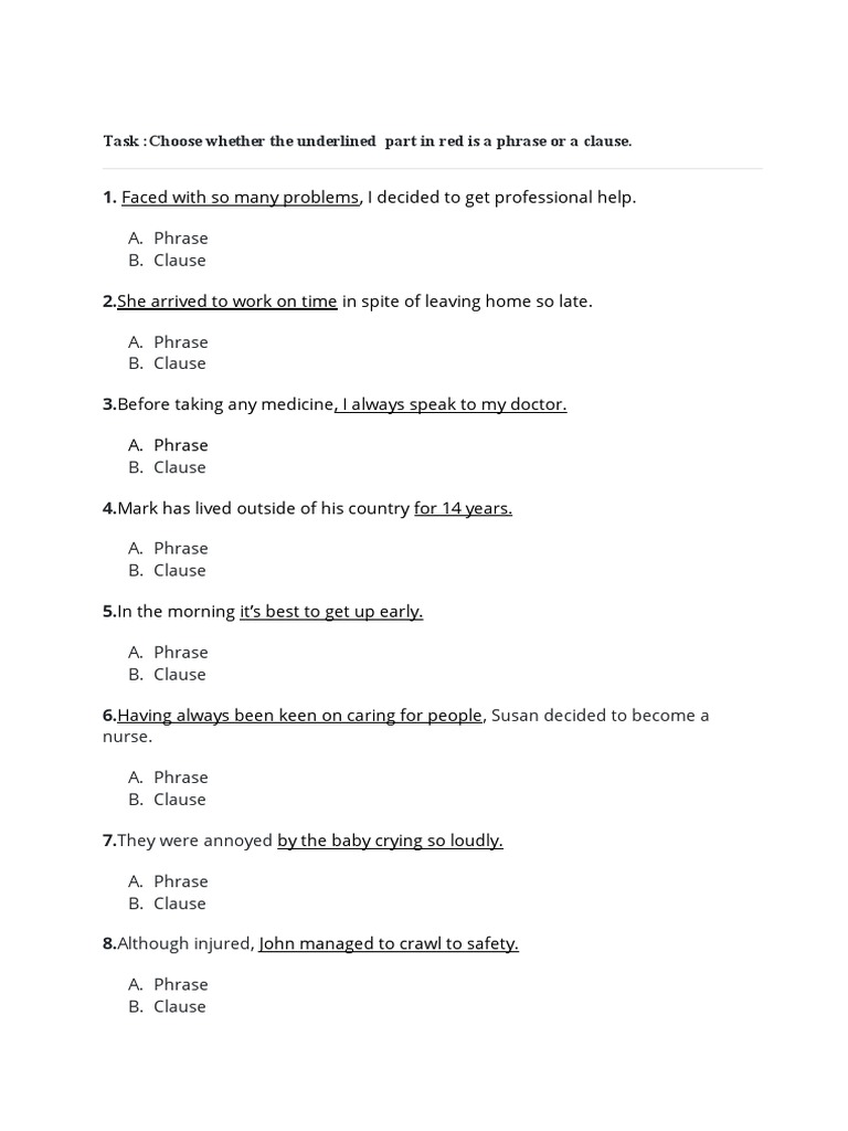 Phrase and Clause Worksheet PDF