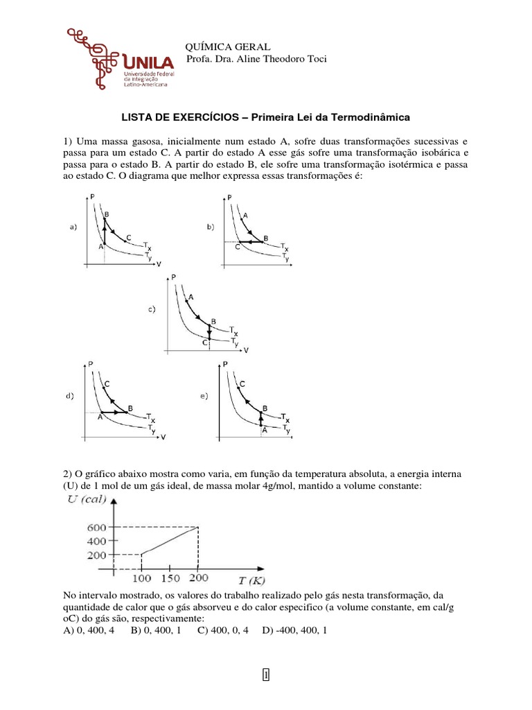 Exercícios sobre a Primeira Lei da Termodinâmica | PDF