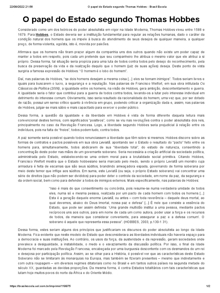 A visão de Thomas Hobbes sobre o papel fundamental do Estado como ...
