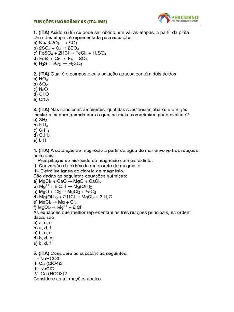 Lista Funcoes Inorgancias | PDF | Ácido sulfúrico | Ácido nítrico